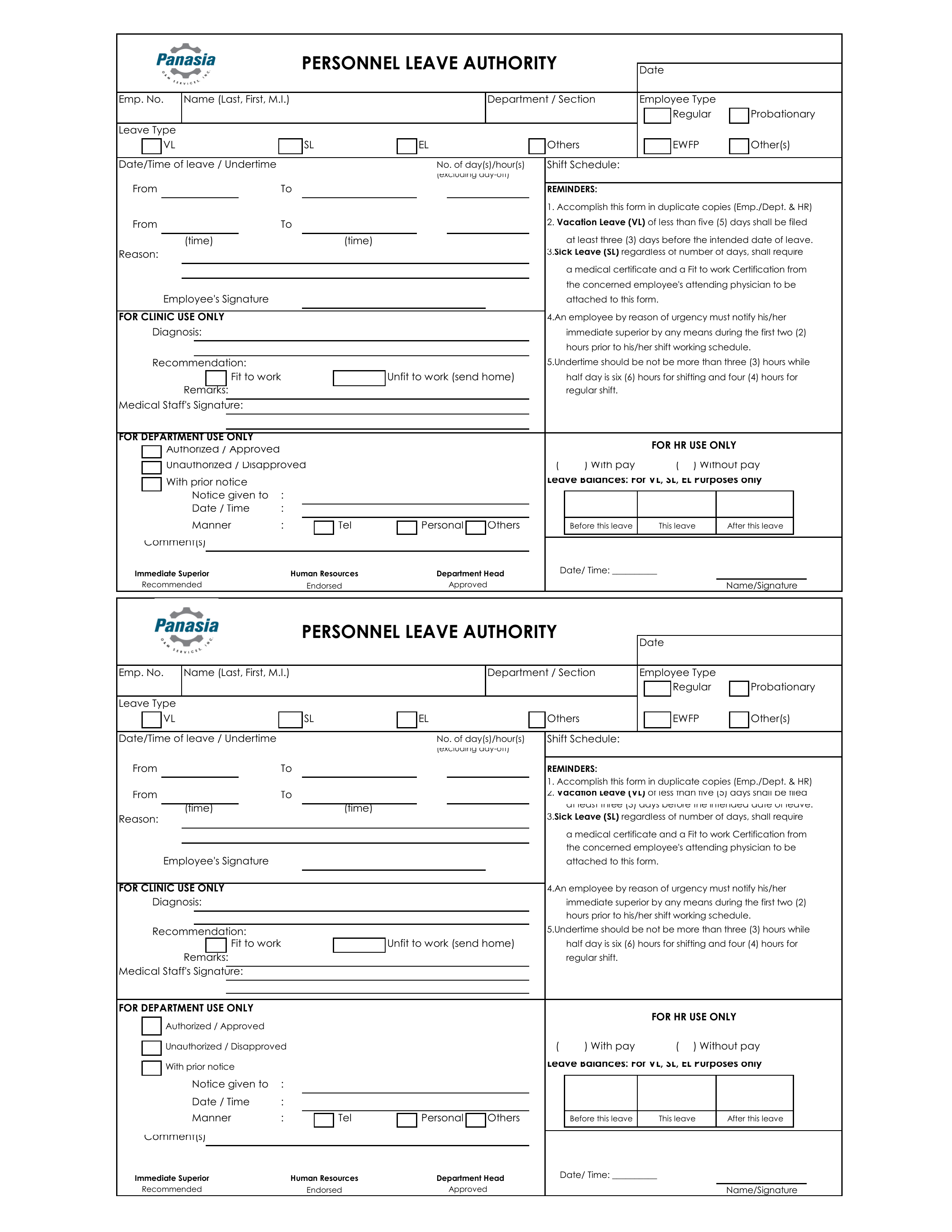 Two blank copies of the Personnel Leave Authority form